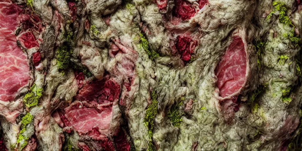 Prompt: details of lichens growing on flesh and skin, moss and meat, flower texture details, painitng, wrinkles and muscle tissues, stab wound, oil on canvas, 4k, 8K, photorealistic, soft light, cinematic lighting, sharp, contrasting, dramatic light