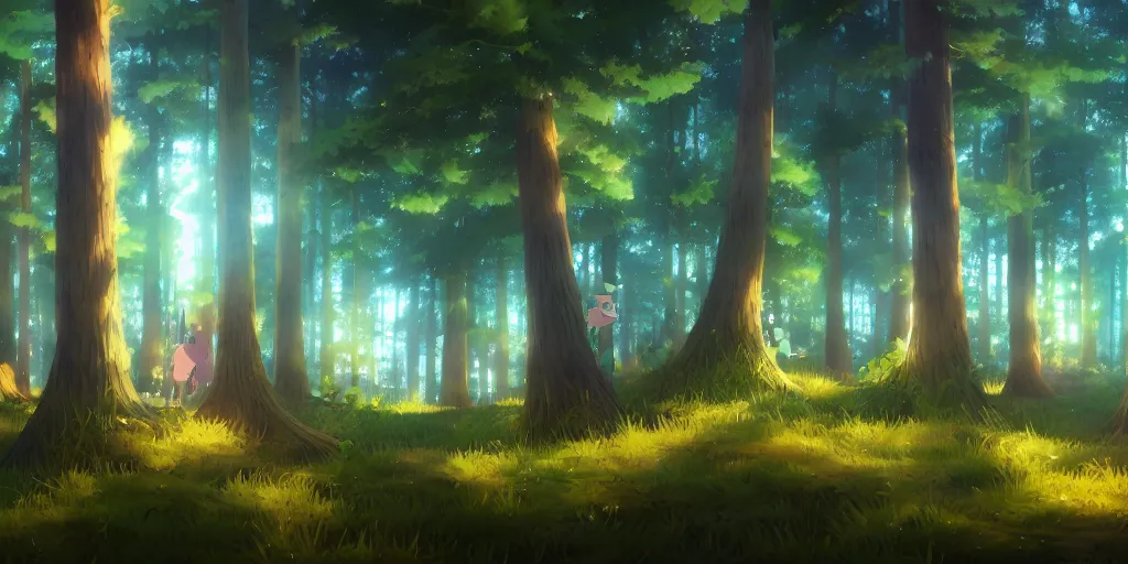 Image similar to a pine forest with glowing spirits, ultra high quality, 4 k, by miyazaki and makoto shinkai, anime screenshot, colorful, artstation, pixiv,