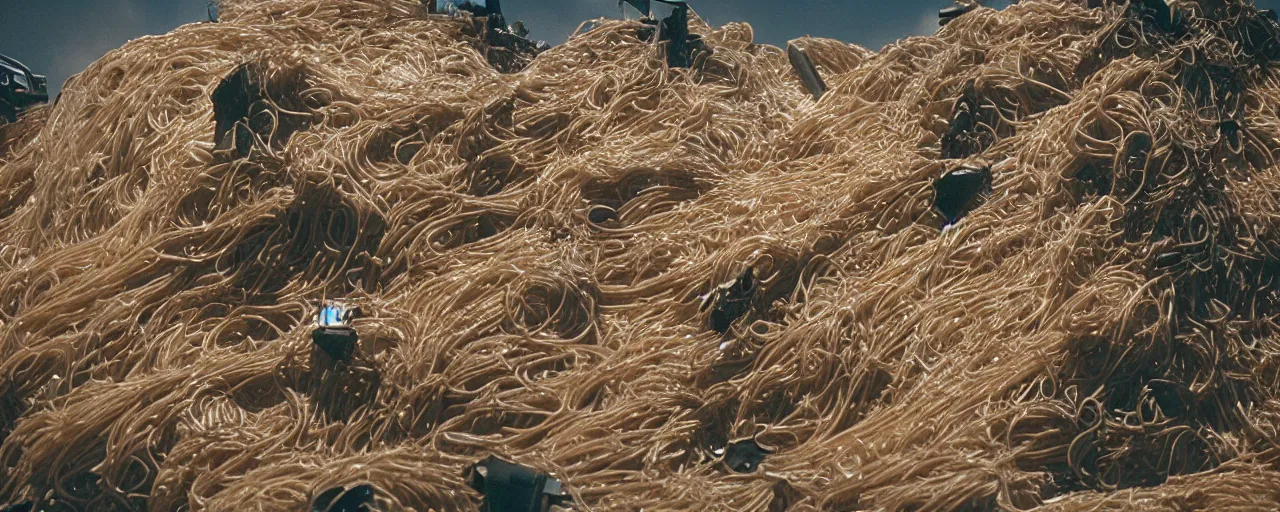 Image similar to a plane crashed into a mountain of spaghetti, world war 2, cloudy, small details, intricate, canon 5 0 mm, high detail, intricate, cinematic lighting, photography, wes anderson, film, kodachrome