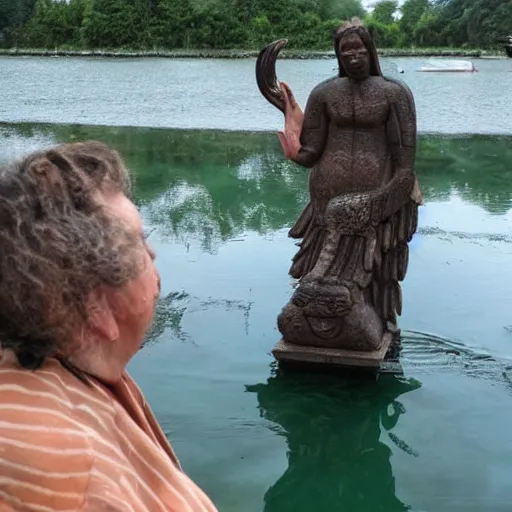 Prompt: giant ancient fish goddess blessing a young man in a boat