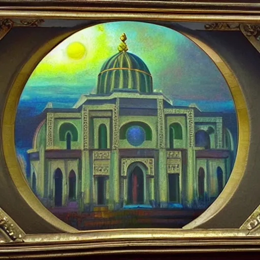 Prompt: beautiful hyper realistic synagogue in a sunny city, large green dome, impressionist style, sunset, dramatic lighting