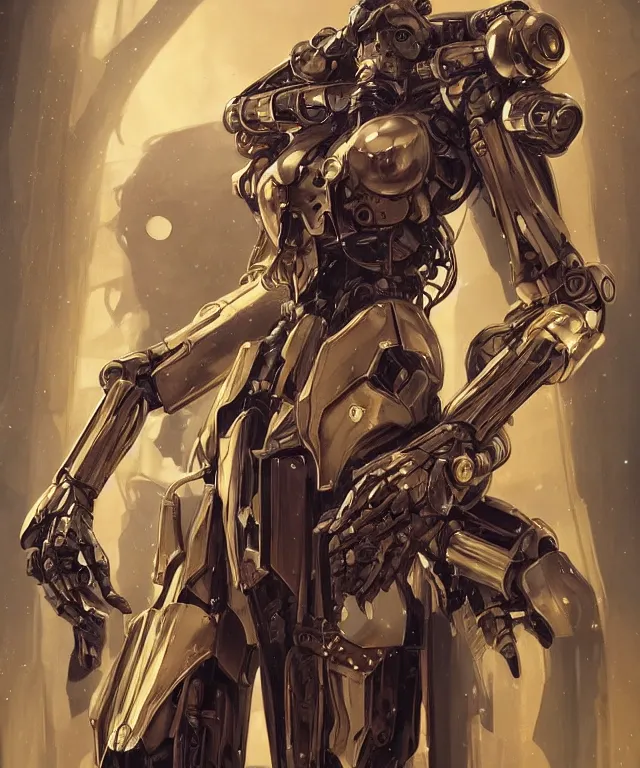 Image similar to fantasy magic portrait of a humanoid mecha cyberpunk! goddess art by artgerm and greg rutkowski and alphonse mucha, rule of thirds, golden ratio, Art Nouveau cyberpunk! style, mechanical accents!, mecha plate armor,long hair, fantasy, intricate, elegant, highly detailed, digital painting, artstation, concept art, smooth, sharp focus, flowing wires with leaves, rich deep moody colors