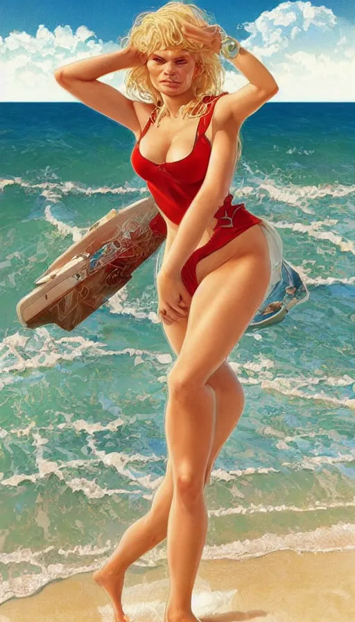 Image similar to beautiful cottagecore pamela anderson baywatch, blonde Hair, sunny beach, intricate, elegant, highly detailed, digital painting, artstation, concept art, smooth, sharp, focus, illustration, art by artgerm and greg rutkowski and alphonse mucha