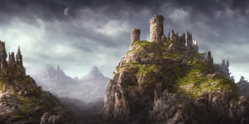 Prompt: The Sci-Fi stone landscape with castle in the distance wallpaper, d&d art, fantasy, painted, 4k, high detail, sharp focus