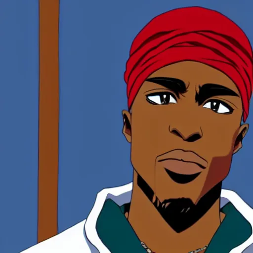 Image similar to Tupac Shakur, screenshot from a 2012s anime