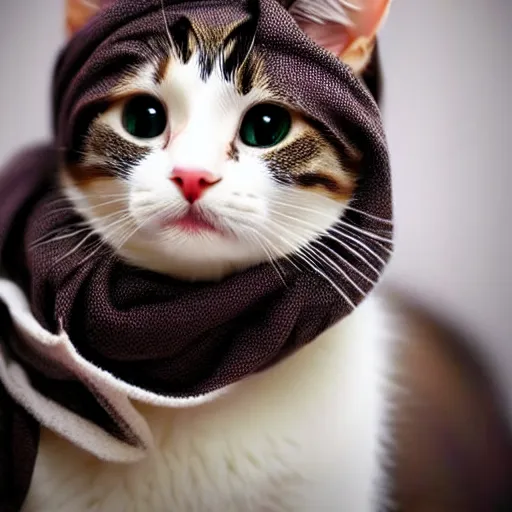 Prompt: cute cat! wearing hijab!, cat has brown eyes, beautiful, portrait, focused