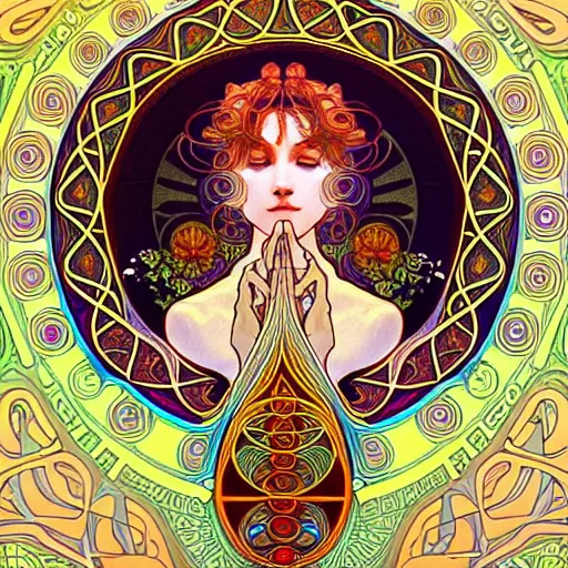 Image similar to psychedelic sacred geometry, intricate, sophisticated, ultra realistic, incredibly detailed, diagram, illustration, trending on artstation, art by alphonse mucha