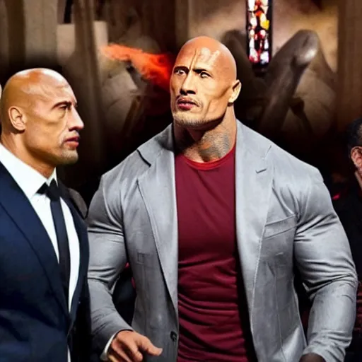 Image similar to dwayne johnson fighting against recep tayyip erdoğan in a church of hell