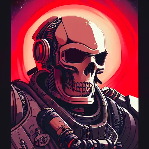 Image similar to close up portrait of a 28rd century Space Pirate by James Jean Dan Mumford Strongstufftom, most wanted warhammer 40k pirate, space skull helmet, dark thief data traveler, Ghost in the shell, Akira, anime cyberpunk, Blade Runner