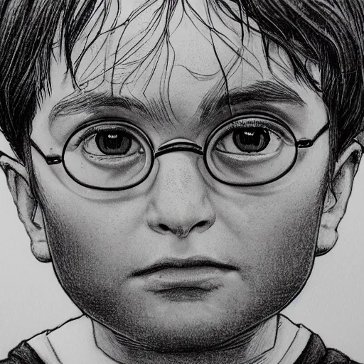 Prompt: a close up portrait of a little harry potter, art station, highly detailed, concept art, sharp focus, illustration in pen and ink, wide angle, by Kentaro Miura