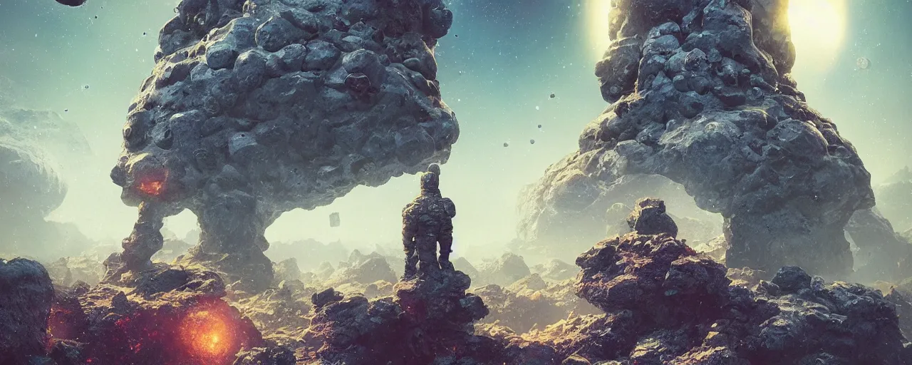 Image similar to ” asteroid with a giant roughly chiseled stone statue of an astronaut, [ by paul lehr, cinematic, detailed, epic, widescreen, opening, establishing, mattepainting, photorealistic, realistic textures, octane render ] ”