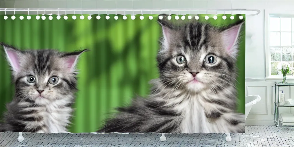 Image similar to a ( ( main coon kitten ) ) baby yoda themed shower curtain, shower curtain product photography. product lighting. digital art. 4 k, highly detailed. saturated.