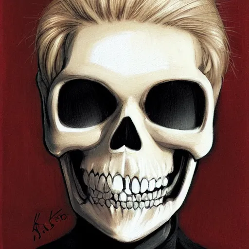 Prompt: frontal portrait of a suited blond with medical gloves and a skull face mask, by Kim Kyoung Hwan