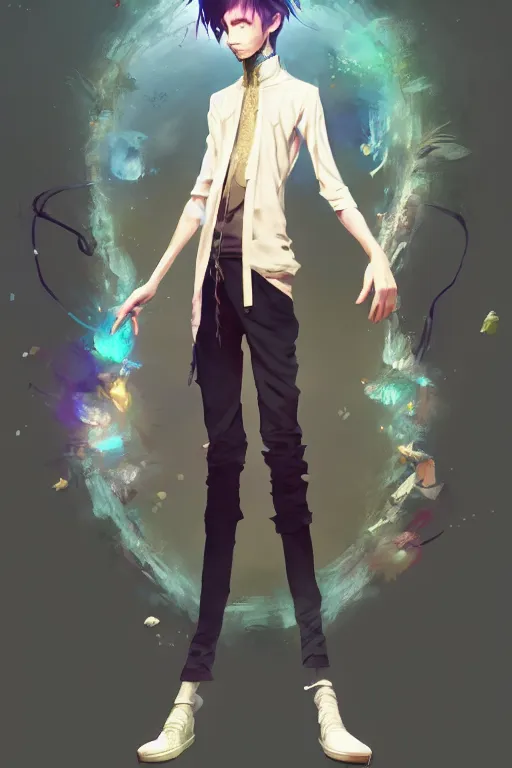 Image similar to a beautiful fullbody portrait of a skinny young anime male wearing a wizard style outfit. character design by cory loftis, fenghua zhong, ryohei hase, ismail inceoglu and ruan jia. artstation, volumetric light, detailed, photorealistic, fantasy, rendered in octane