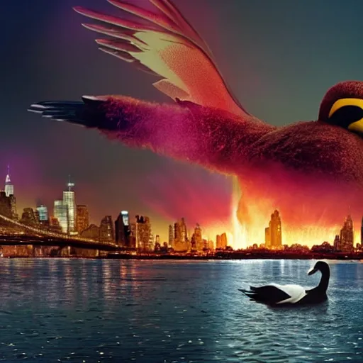 Prompt: A huge duck is destroying a New York with a nuclear explosion in the background