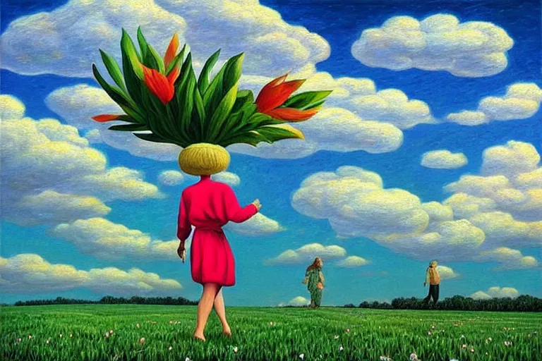 Prompt: giant flower as a head, woman walking, surreal, clouds in sky, impressionist painting, digital painting, artstation, rob gonsalves