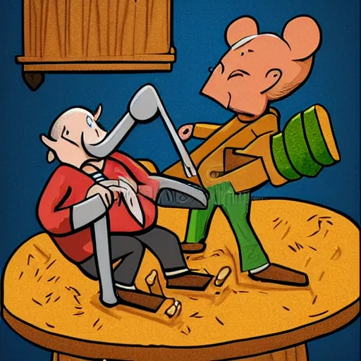 Image similar to rat slamming a hammer on a granny, detailed cartoon illustration