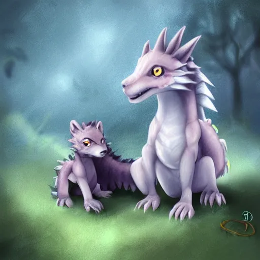 Prompt: a baby dragon and a wolf are friends, digital art