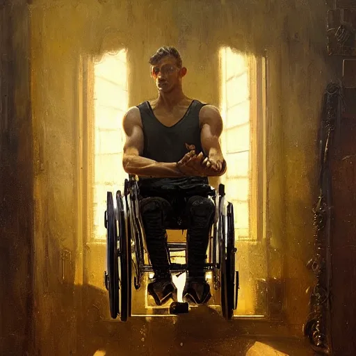 Image similar to handsome portrait of a wheelchair guy fitness posing, radiant light, caustics, war hero, playing wheelchair basketball, by gaston bussiere, bayard wu, greg rutkowski, giger, maxim verehin