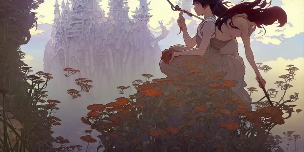 Image similar to twist your tiny lies into the spoon, spinning a web with your metallurgy. by hayao miyazaki and rossdraws and artgerm and greg rutkowski and alphonse mucha and studio ghibli. high quality, stunning, intricate detailed environment. 8 k