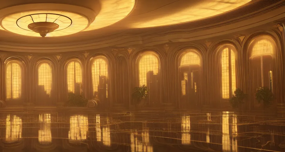 Prompt: an incredibly beautiful scene from a 2 0 2 2 marvel film featuring an art deco palace during a hurricane. recessed lights. large windows. lightning. golden hour. 8 k uhd.