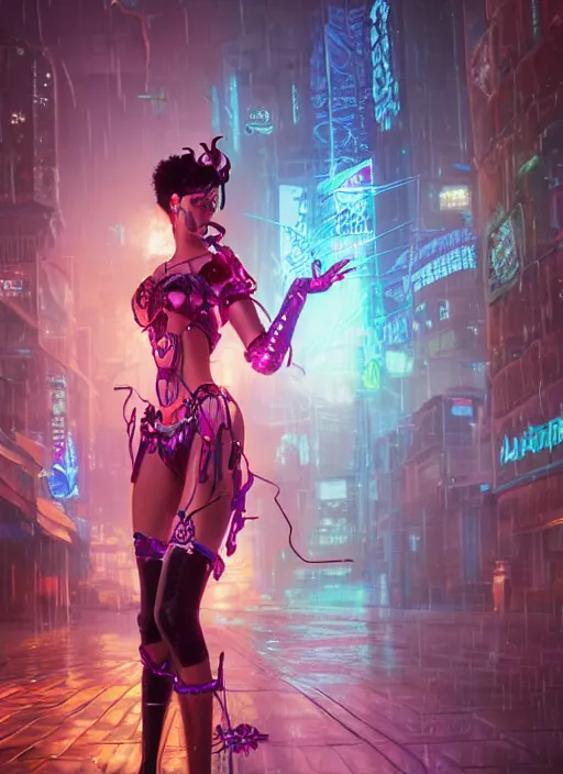 Image similar to An epic fantasy comic book style portrait painting of a very beautiful cyberpunk Hula Dancer in the rain, neon reflections, character design by Mark Ryden and Pixar and Hayao Miyazaki, unreal 5, DAZ, hyperrealistic, octane render, cosplay, RPG portrait, dynamic lighting, intricate detail, cinematic