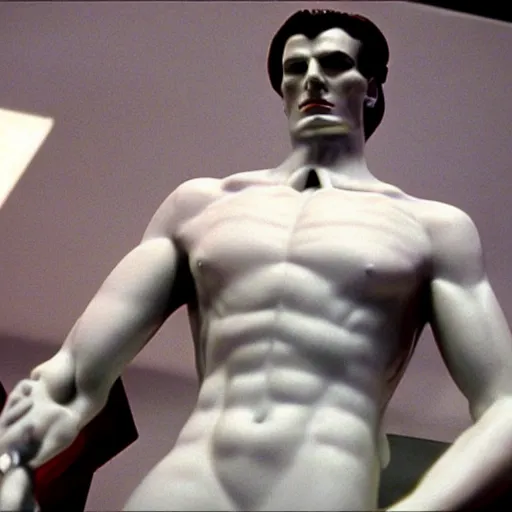 Prompt: greek statue of Patrick Bateman, viewed from above, in American Psycho (1999)