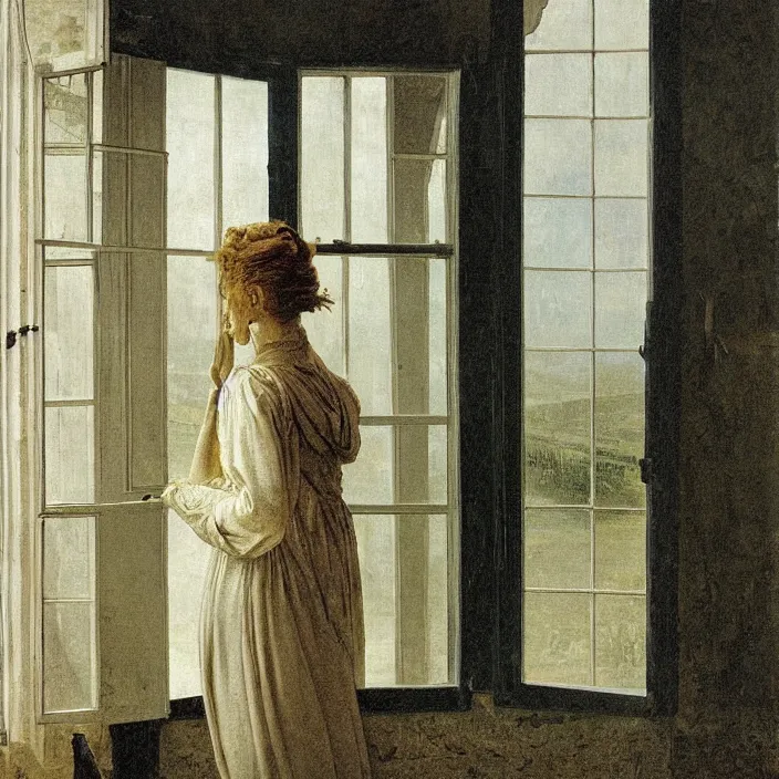 Prompt: painting of a broken window with a beautiful white woman on the outside by caspar david friedrich