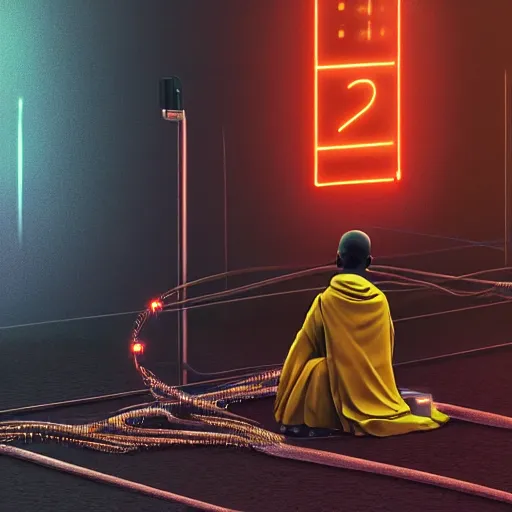 Image similar to A single monk kneeling with wires connecting him to a computer, Nirvana, Machines and wires everywhere, flashing neon lights, creepy, dark shadowy surroundings, dystopian scifi, horror, Stefan Koidl inspired, 4k