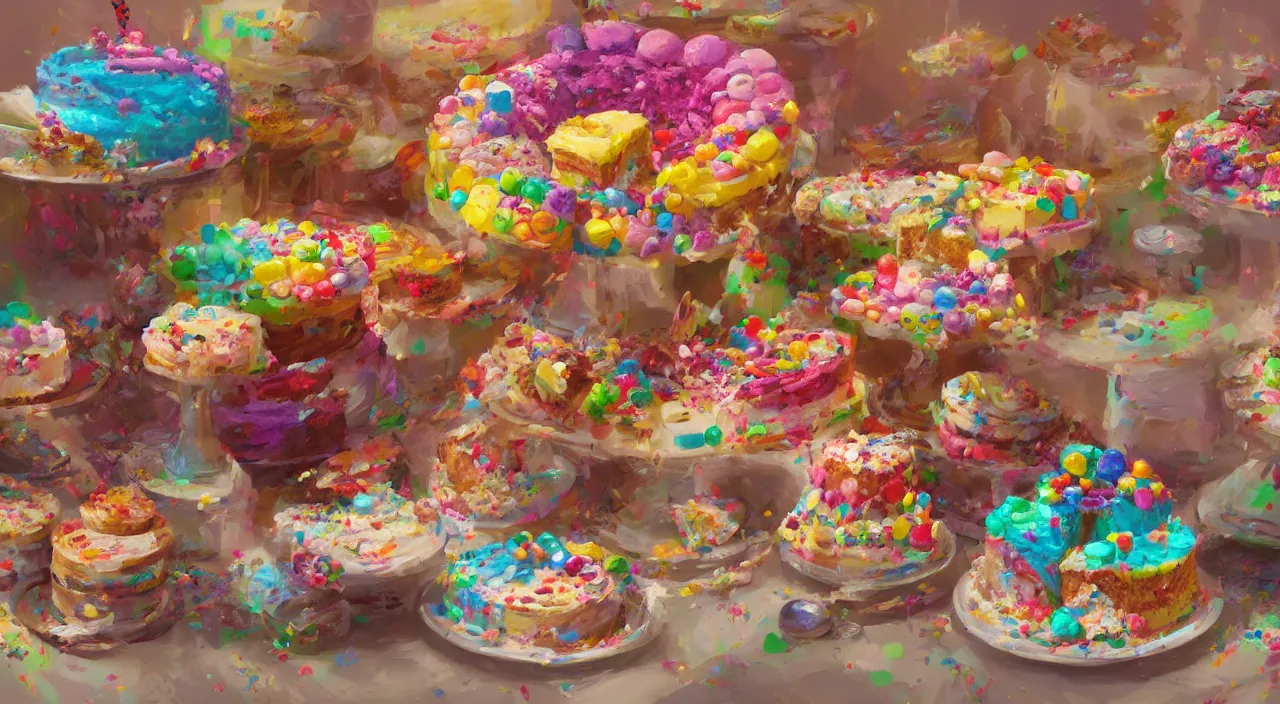 Image similar to a colorful digital painting of a cake with lots of sweets on it, by greg rutkowski and james gurney, trending on artstation