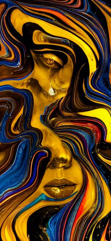 Image similar to epic, abstract sculpture of beautiful female face and black swirling marbling liquifying acrylic portrait, fluffy clouds, golden hour, beautiful light, 3 d sculpture of carving marble, dark colors, dark mood, one point lightning