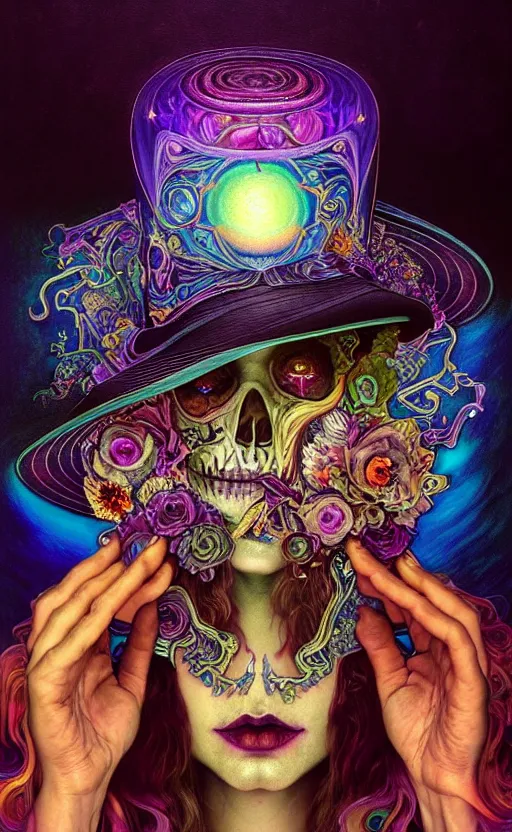 Image similar to An extremely psychedelic celestial undertaker in his black fedora hat, colorful, surreal, dramatic lighting, magic mushrooms, psilocybin, LSD, face, detailed, intricate, elegant, highly detailed, digital painting, artstation, concept art, smooth, sharp focus, illustration, art by Krenz Cushart and Artem Demura and alphonse mucha