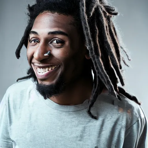 Image similar to photogenic 2 4 year old black male with short dreads a large nose smileing widely, realistic photo, hyperrealistic, 4 k