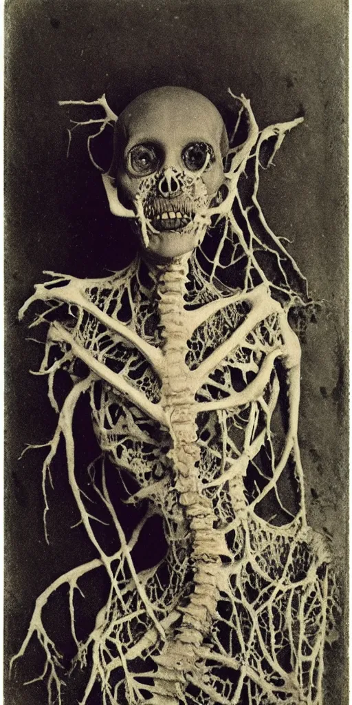Image similar to an 1 9 1 0 polaroid photography of a very sad and detailed rotten woman corpse with fractal coral reefs and ornate growing around her face muscles, veins, arteries, bones, anatomical, skull, eye, ears, full body, intricate, surreal, ray caesar, john constable, guy denning, dan hillier, black and white