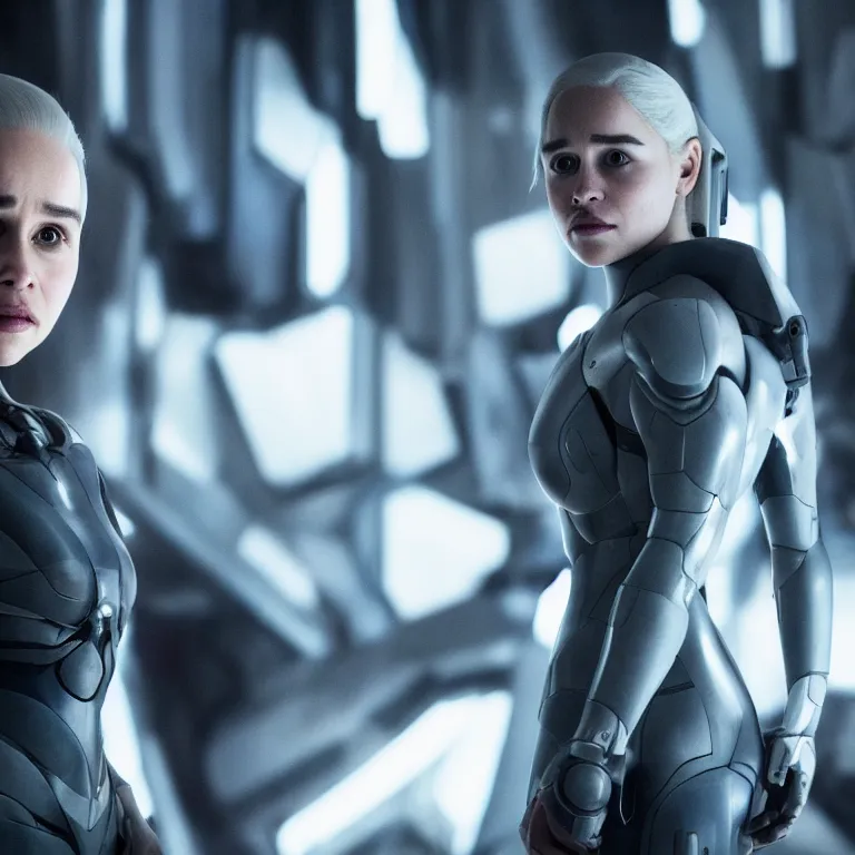 Image similar to scifi emilia clarke looks like ghost in the shell, extremely high detail, high detailed face, smiling woman, cyborg, photorealism, emilia clarke, sony a 7 r