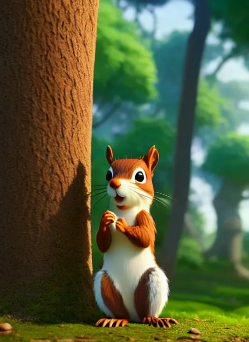 Prompt: a wholesome animation key shot of a cute squirrel, close - up, tree in the background, leaves in the foreground, studio ghibli, pixar and disney animation, sharp, rendered in unreal engine 5, anime key art by greg rutkowski, bloom, dramatic lighting