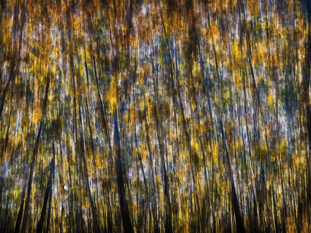 Prompt: double exposure photograph of tens of eucalyptus trees, flash exposure, autumn, in the style of edward steichen and pollock, sony ar 7 ii