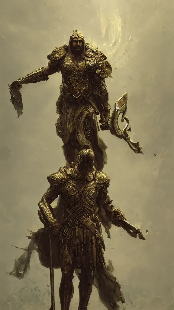 Image similar to zeus god, wearing thunder armor, greek ornamented armor, beksinski, ruan jia, weta workshop concept art