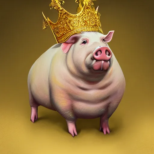 Image similar to an epic painting of a proudly standing pig wearing a gold crown, oil on canvas, golden hour, perfect composition, golden ratio, beautiful detailed, photorealistic, digital painting, artstation, concept art, smooth, sharp focus, illustration, fantasy background, artstation trending, octane render, unreal engine