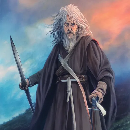 Prompt: anime key visual of the lord of the rings, gandalf, frodo, aragorn, acrylic painting, cinematic, dramatic lighting, aesthetically pleasing, anatomically correct