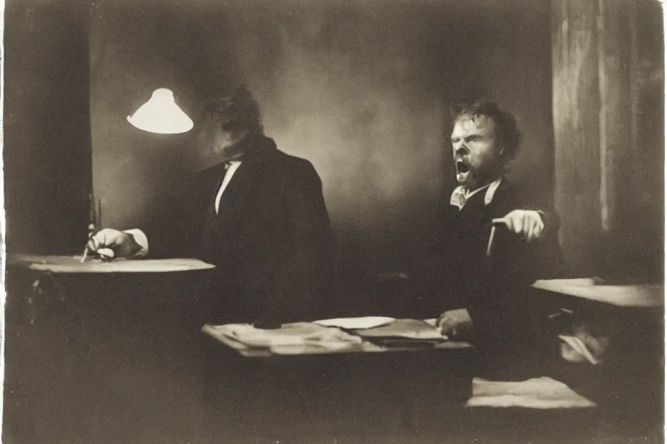 Prompt: wet plate photograph, august strindberg angry banging his fist on a secretary desk in a small messy viennese apartment, night time, alone, lamplight, victorian era, depth of field, very detailed, highly accurate, intricate