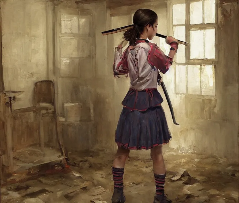 Image similar to School girl holding a katana and standing on an abandoned hospital room , by Konstantin Razumov, horror scene, highly detailded