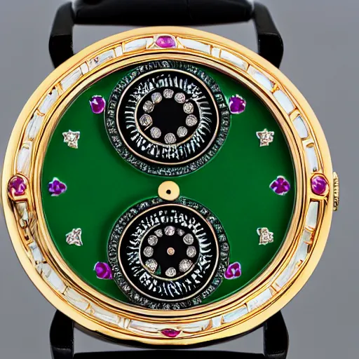 Prompt: van cleef and arpels wristwatch studded with emeralds and rubies on a matte black background wide angle detailed watch hands chinese numerals