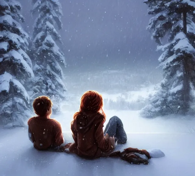 Prompt: a boy and a girl with long flowing auburn hair sitting together on the porch of a cabin on a mountain overlooking a snowy forest. Atmospheric lighting, long shot, romantic, boy and girl are the focus, cold lighting, snowy. details, sharp focus, illustration, by Jordan Grimmer and greg rutkowski, Trending artstation, pixiv, digital art