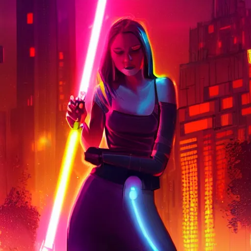 Image similar to a girl holding a lightsaber in a neon cyberpunk city at night, art station, digital art, cinematic, artgerm