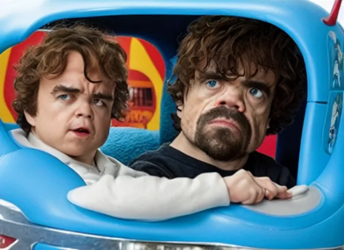 Image similar to peter dinklage driving a little tikes cozy coupe, movie still, from the new munsters movie, 8 k, realistic