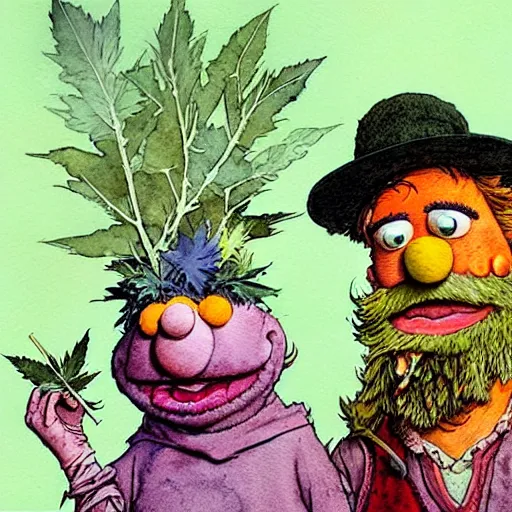 Image similar to a realistic and atmospheric watercolour fantasy character concept art portrait of bert and ernie with pink eyes smoking a huge blunt with a pot leaf nearby by rebecca guay, michael kaluta, charles vess and jean moebius giraud