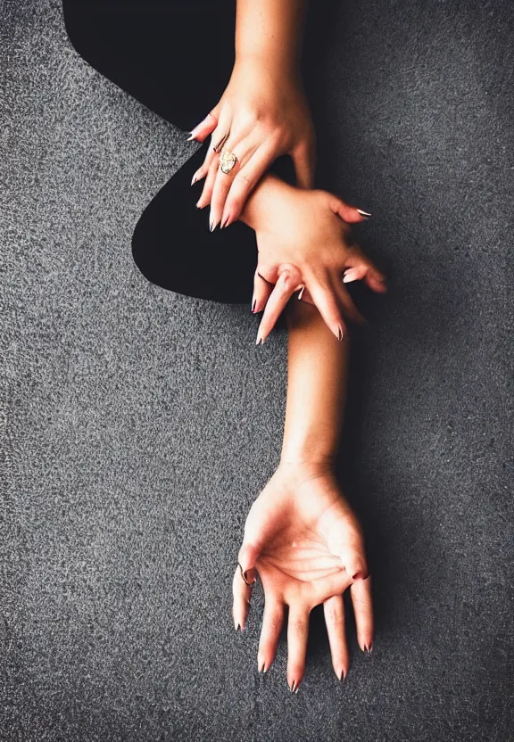 Image similar to an instagram photo of one ultra detailed woman's palm held against the floor, instagram photo, studio photo