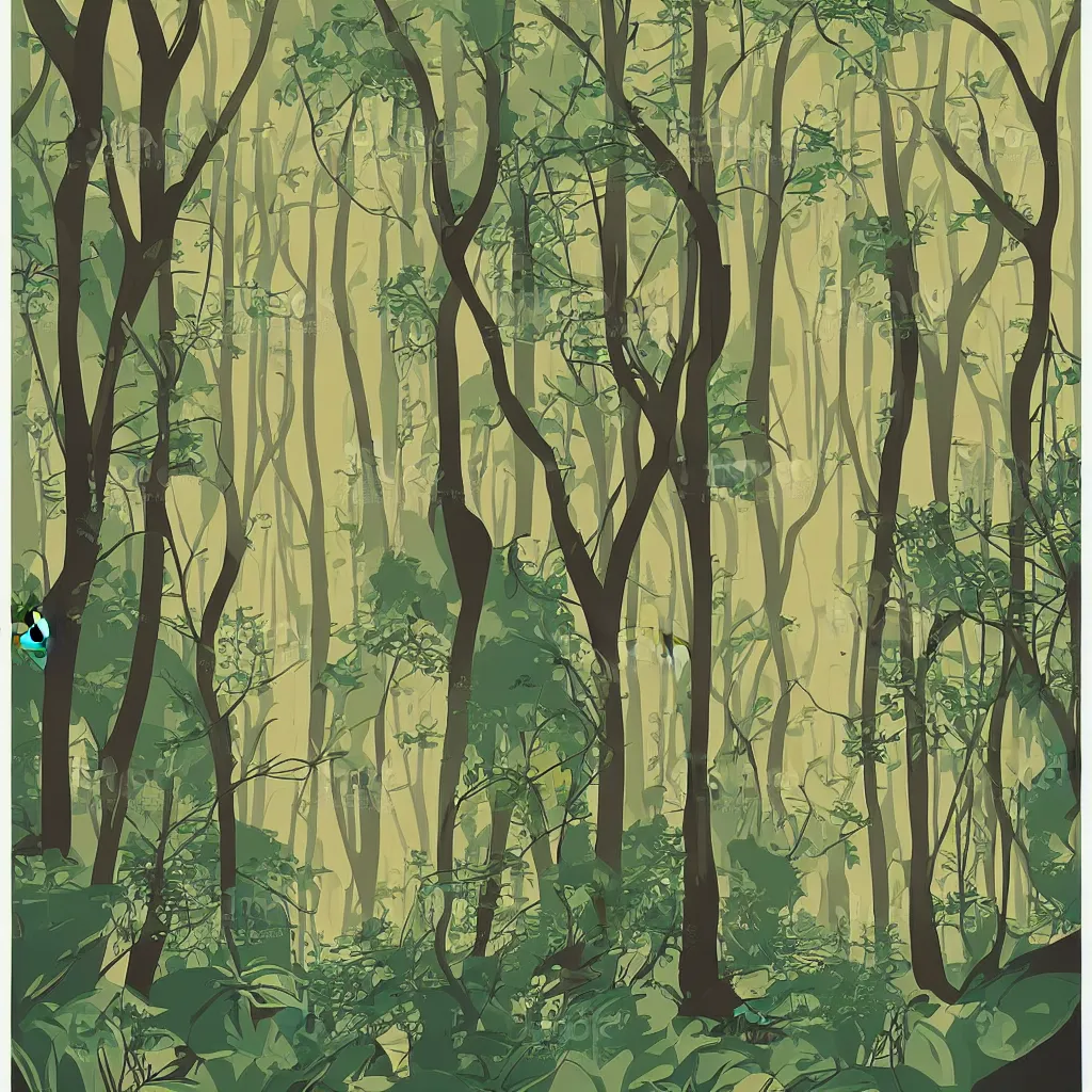 Prompt: an art - deco travel poster for a beautiful forest by petros afahar, vector art