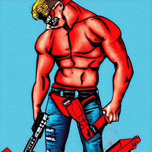 Image similar to Duke Nukem, red tank-top, Duke Nukem 90s cover art style